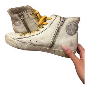 Golden Goose (GGDB) High-Top Sneakers, Size 7 1/2, White and Yellow